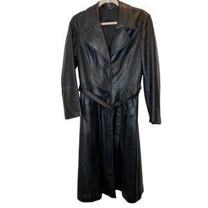 Vintage Black Leather Trench Coat Large The Matrix Neo Pockets Belted Button Up